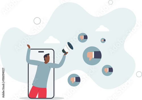 Internet hater, angry social media, dislike or negative feedback from remote work, cyber bullying concept.flat characters.
