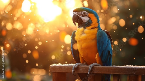 Colorful parrot perched on a wooden rail during a soft sunset glow in nature