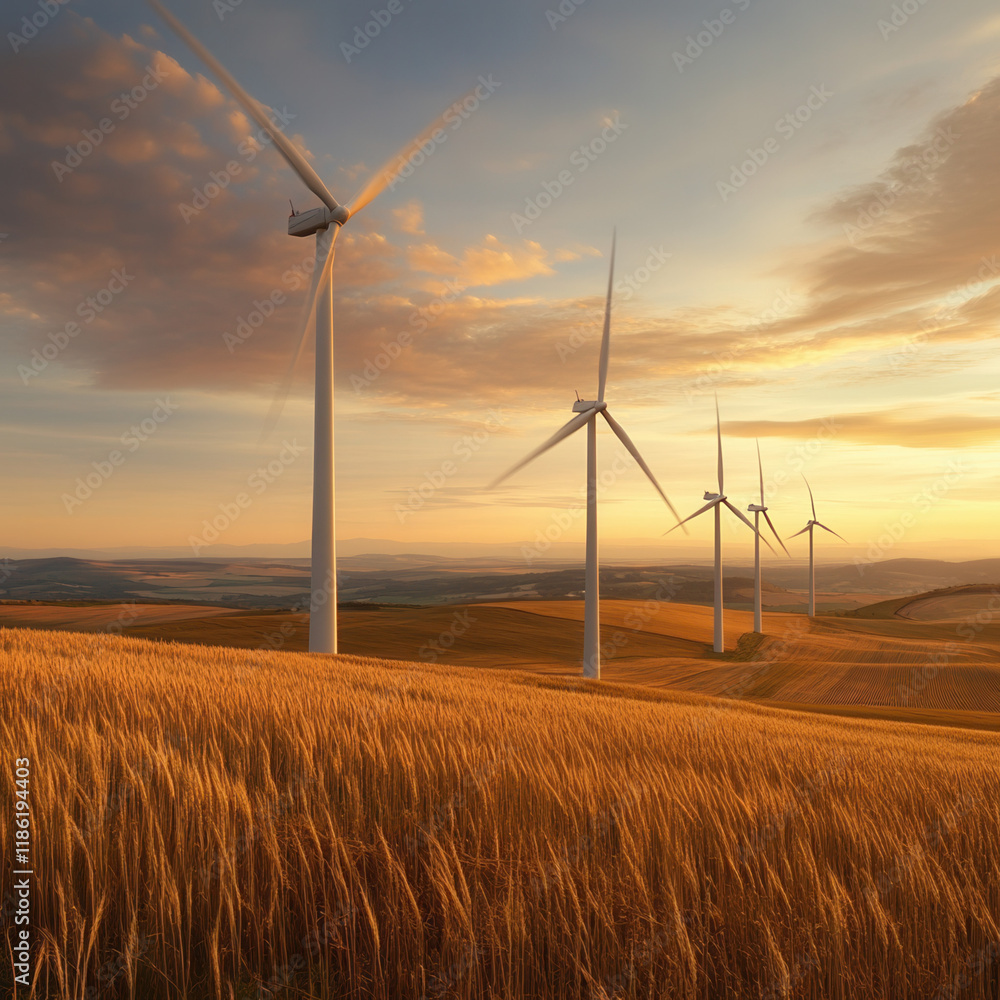 Obraz premium Harnessing wind energy turbines in golden fields at sunset landscape photography nature’s beauty scenic view