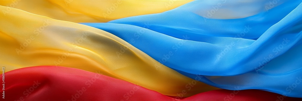 Vivid Blue, Yellow And Red Fabrics Background, Dynamic Pattern Of Clothing Items In Bright Colors Vivid Blue, Yellow And Red Fabrics Background, Dynamic Pattern Of Clothing Items In Bright Colors