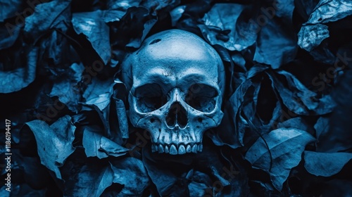 A still life image of a human skull placed centrally amidst a collection of dark blue leaves. photo