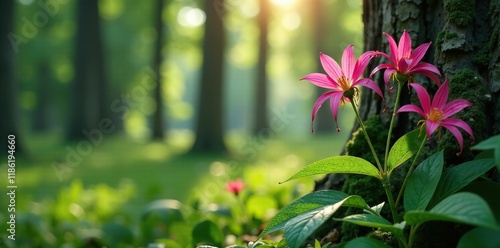 Pink spider flowers peek out from behind tall trees, #trees, #nature photo