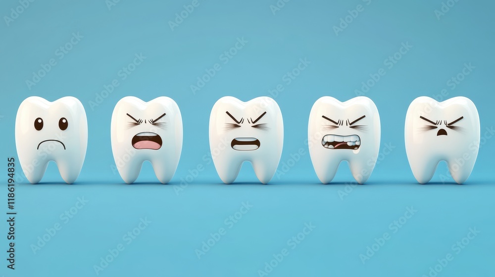 Fototapeta premium 3D Cute healthy tooth,tooth character with toothbrush ,Dental care illustration set,childrens dentistry concept,pain and lean on other teeth cause of tooth decay,dental care for kids.