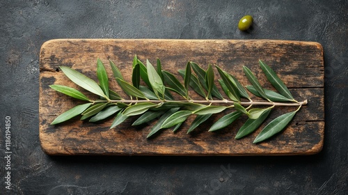 Olive branch resting on rustic wooden board with green olive showcasing natur...