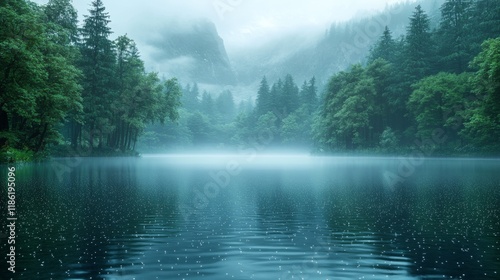 Serene morning mist over tranquil lake at dawn with shimmering water reflections