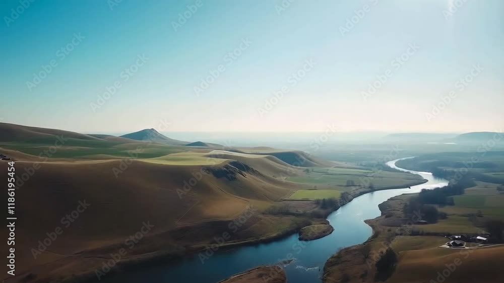 Aerial view of a picturesque Texas landscape with rolling hills, a winding river, and vibrant green fields Aerial view of a picturesque Texas landscape with rolling hills, a winding river, and vibrant green fields