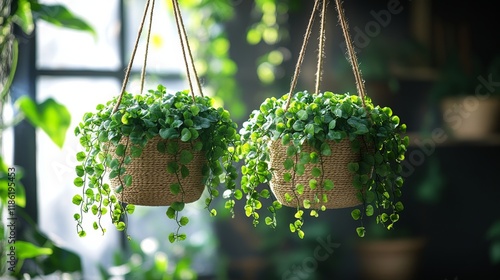 Elegant hanging planters display thriving green plants in a cozy indoor setting