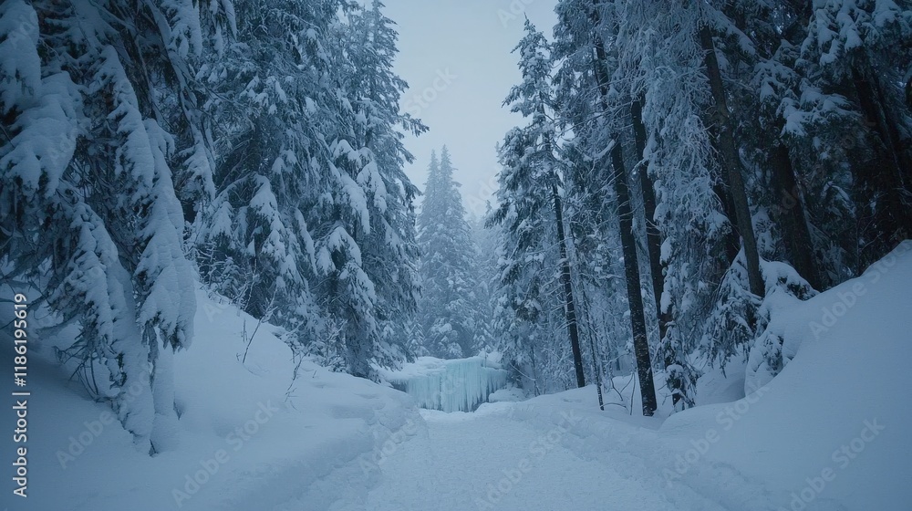 Naklejka premium Winter wonderland with a frozen waterfall surrounded by towering pines