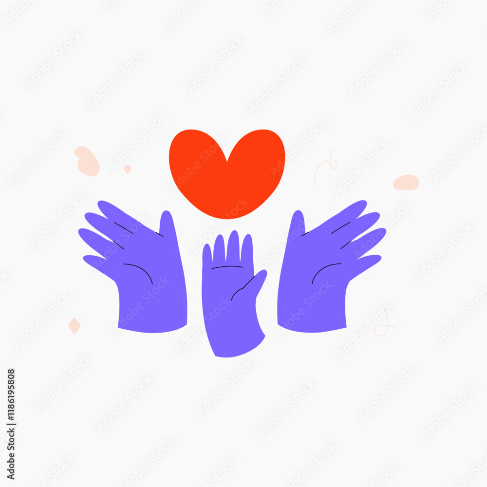 Hands reaching for a heart symbolizing family love, care, and support, perfect for family bonding, compassion, and charity themes, flat vector illustration, isolated on white background Hands reaching for a heart symbolizing family love, care, and support, perfect for family bonding, compassion, and charity themes, flat vector illustration, isolated on white background