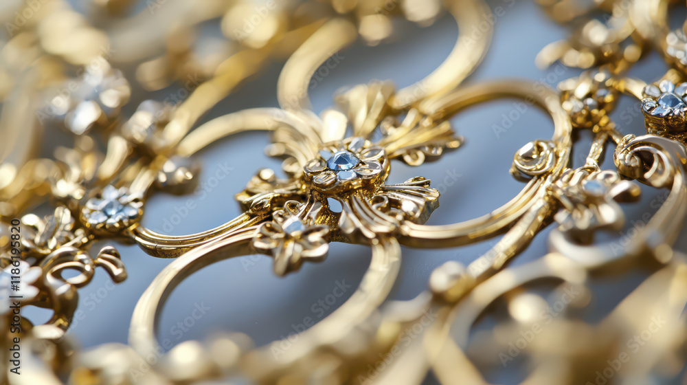 Fototapeta premium Intricate gold filigree design with sparkling gems, showcasing craftsmanship and elegance