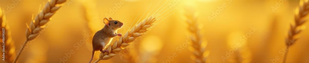 Mouse exploring the top of a wheat stalk in sunlight, wheat, mouse, farm Mouse exploring the top of a wheat stalk in sunlight, wheat, mouse, farm