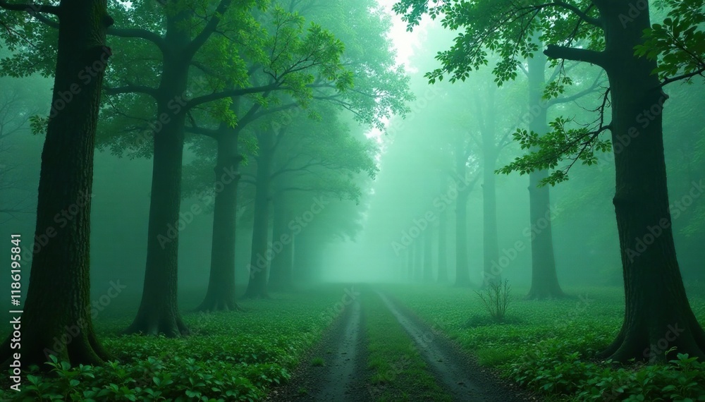 Obraz premium Towering trees shrouded in fog in misty forest, serene, green, atmosphere