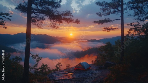 Stunning sunset over misty valley with a camping site and colorful sky at dusk