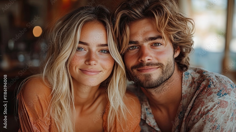 A young couple with blonde hair smiling at the camera. A young couple with blonde hair smiling at the camera.