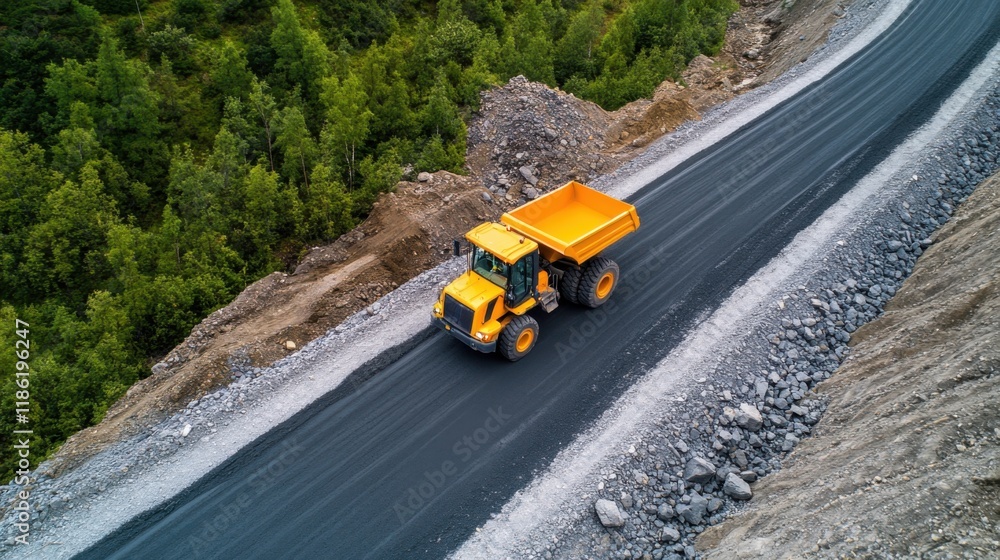 Aerial View of Yellow Dump Truck on Newly Constructed Road Surrounded by Lush Green Forest Landscape Aerial View of Yellow Dump Truck on Newly Constructed Road Surrounded by Lush Green Forest Landscape