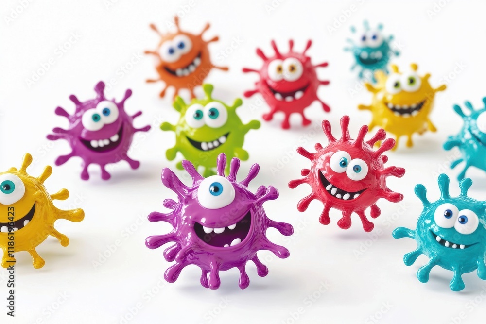 Cheerful colorful microbes with eyes and smiles gathering joyfully in a bright setting. Generative AI Cheerful colorful microbes with eyes and smiles gathering joyfully in a bright setting. Generative AI