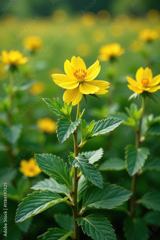 Primrose bush in full bloom amidst green leaves, foliage, nature, flower fields Primrose bush in full bloom amidst green leaves, foliage, nature, flower fields