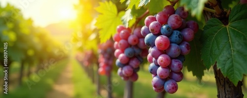 Dense clusters of purple grapes hang from a mature vine amidst warm sunlight, verdant, vines photo