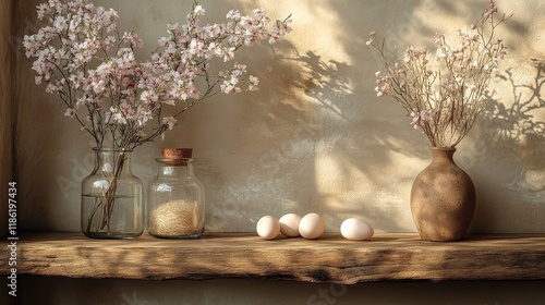 Decorative kitchen display featuring eggs, flowers, and grains on rustic wood...