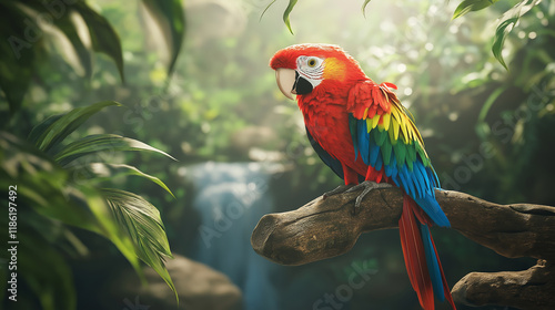 Wallpaper Mural A vibrant scarlet macaw perched on a branch in a lush tropical rainforest, with a serene waterfall in the background, symbolizing exotic beauty Torontodigital.ca