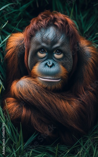 Majestic Bornean Orangutan Portrait: A Captivating Close-up of an Endagered Species in its Lush Habitat photo