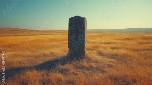 Tall stone monolith in a vast golden grass field at sunrise, under a colorful...