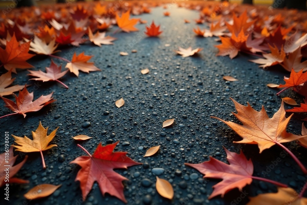 Copper colored leaves scattered on dark gray ground, , golden hues Copper colored leaves scattered on dark gray ground, , golden hues
