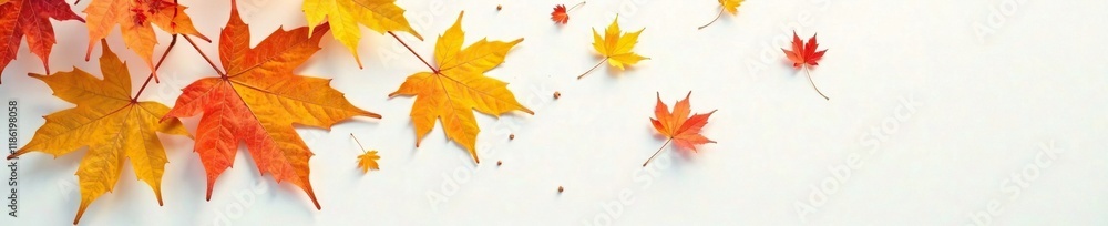Delicate maple leaves scatter on white surface, yellow, orange Delicate maple leaves scatter on white surface, yellow, orange