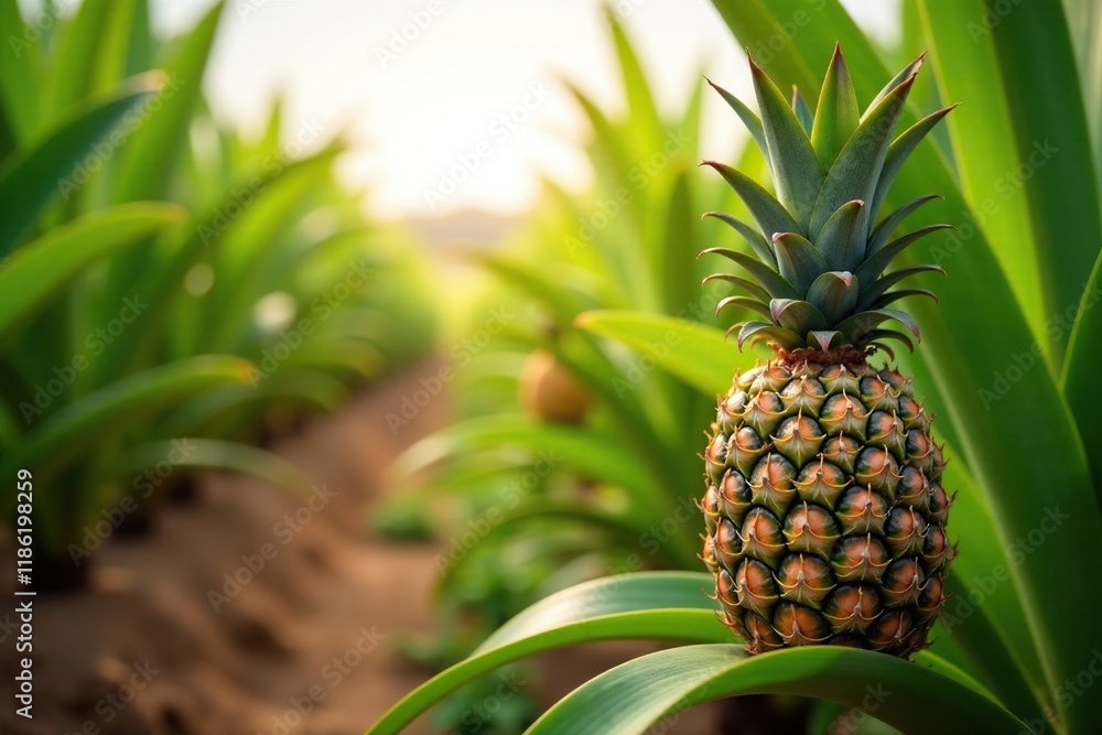 Fototapeta premium Pineapple tree growing on a plantation with sunlight filtering through branches, farm, agriculture, pineapple