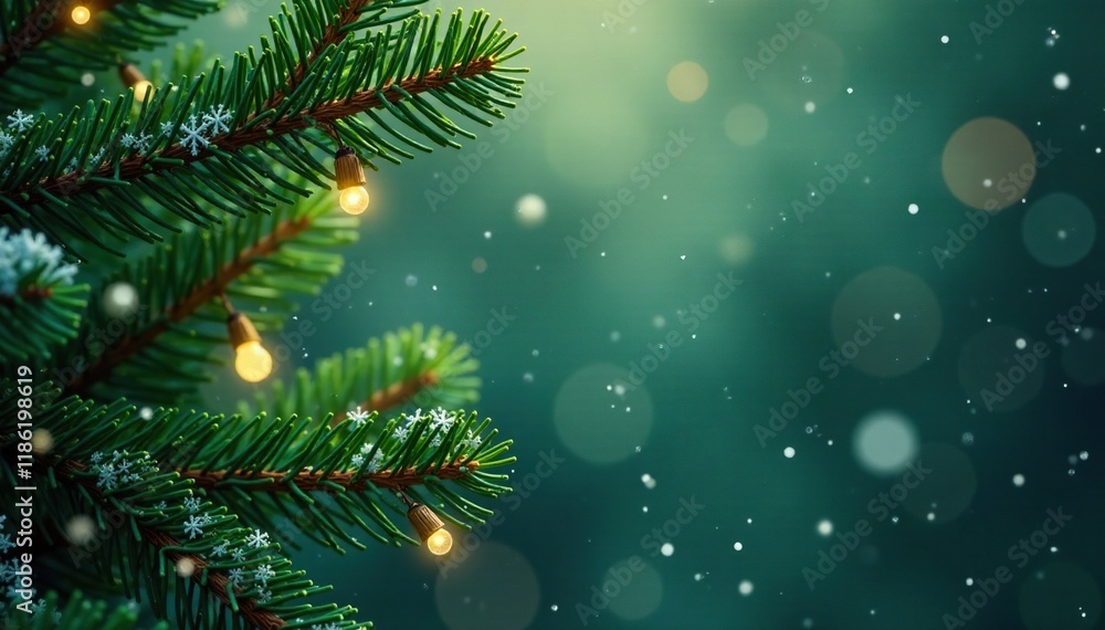 Snowflakes gently falling on a festive green tree, seasonal, branches Snowflakes gently falling on a festive green tree, seasonal, branches