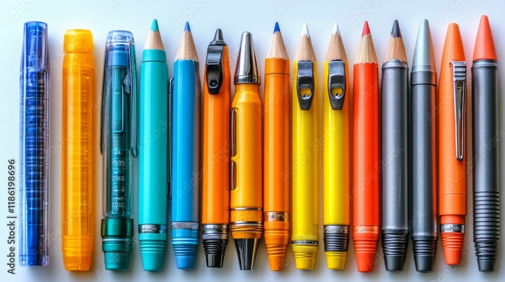 Variety of colorful pens arranged neatly on a surface for writing and art projects Variety of colorful pens arranged neatly on a surface for writing and art projects