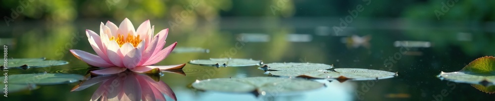 Delicate water lilies on a serene lake surface, serenity, peaceful lake Delicate water lilies on a serene lake surface, serenity, peaceful lake