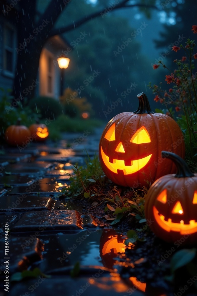 Obraz premium Rainy night scene of a glowing jack o lantern in the garden, glowing pumpkins, garden decorations, spooky ambiance