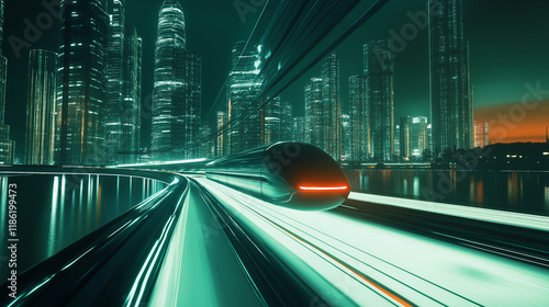 A futuristic hyperloop train speeding through a neon-lit cityscape, showcasing advanced transportation and urban innovation photo