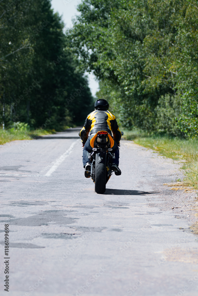 Obraz premium Motorcyclist Riding Down a Peaceful Tree-Lined Rural Road in Daylight..
