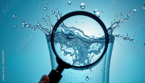 Water splash examined under magnifying glass. Detailed analysis of drinking water quality. Laboratory setting for water testing. Focus on purity, security. Image for commercial use water safety.