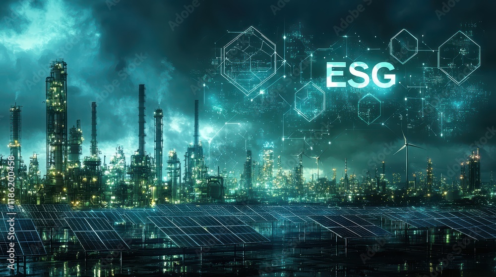 Fototapeta premium Sustainable energy transition in industrial landscape with esg focus