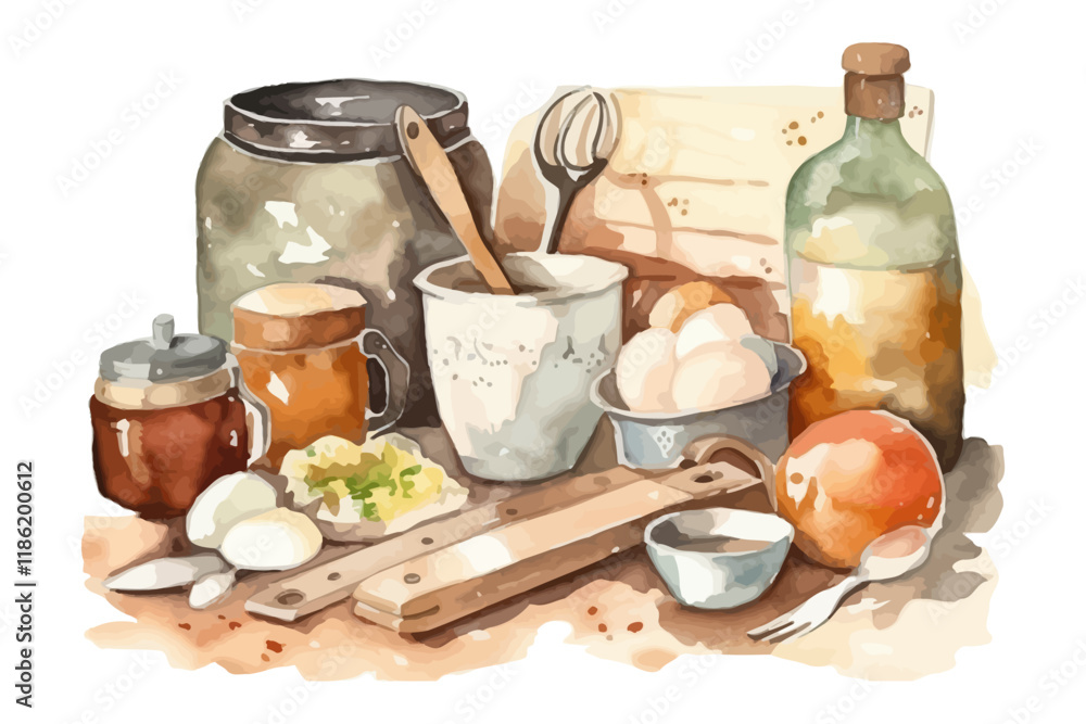 Watercolor background with kitchen utensils.