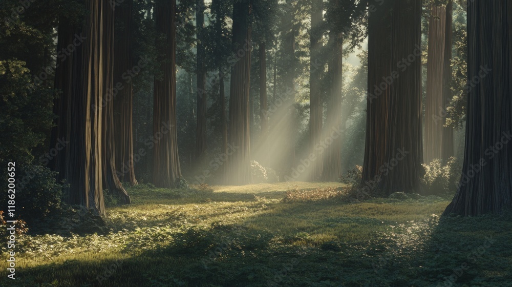 Fototapeta premium Sunbeams Filtering Through Redwood Forest