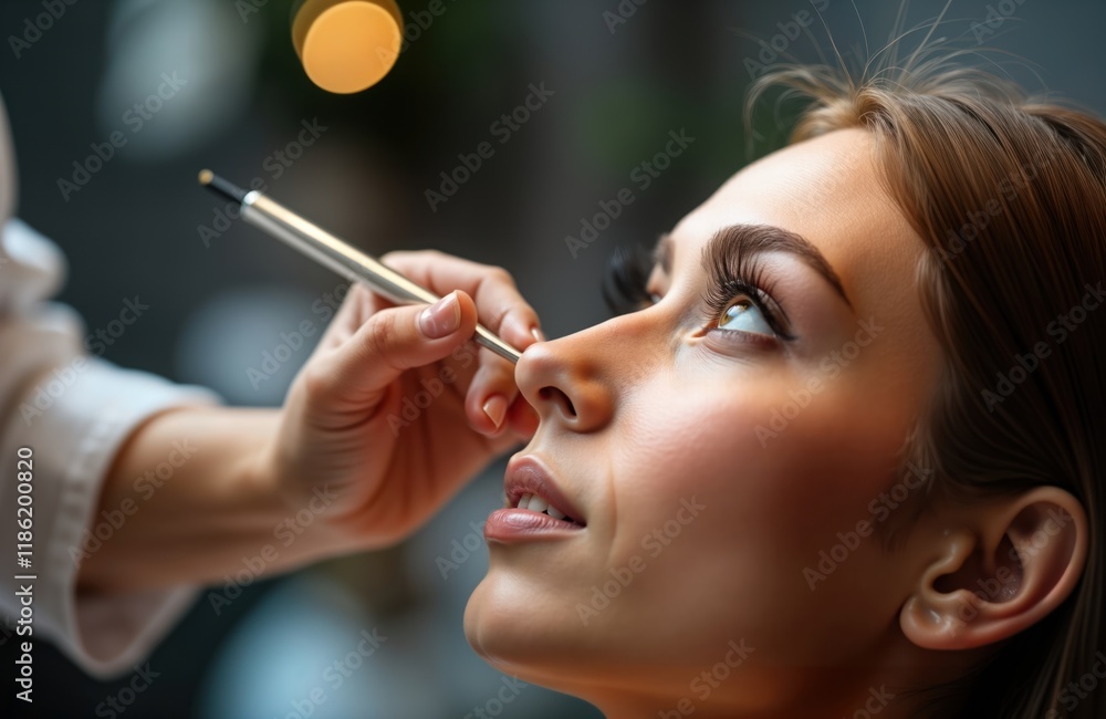 Obraz premium Beautician applies eyelash extensions to woman. Closeup view of procedure in beauty salon. Woman looks up at beautician. Beauty treatment process. Professional care for eyes. Focus on detail,