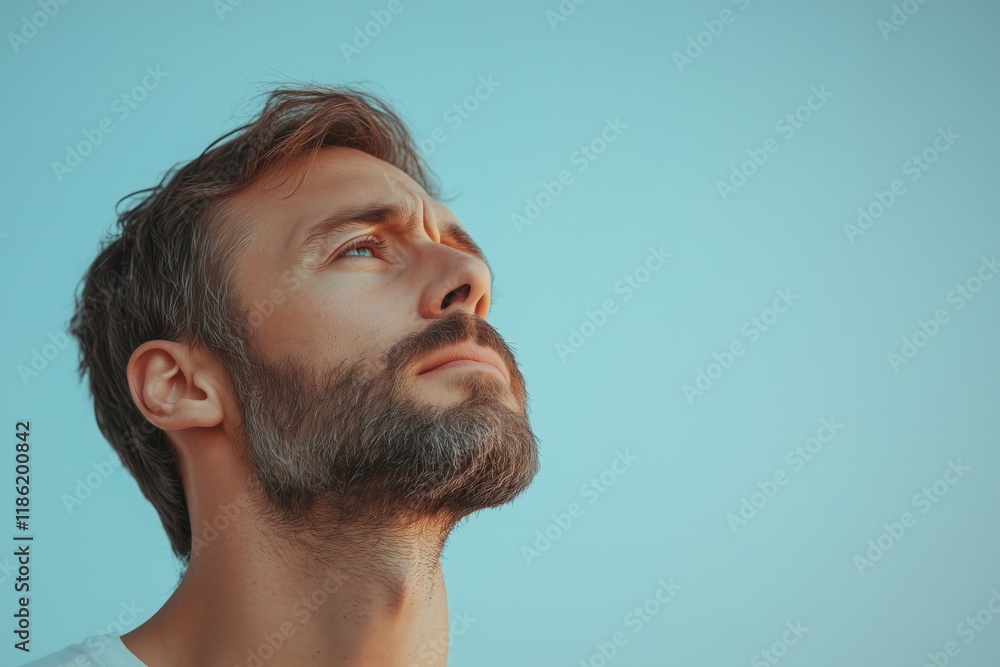 Fototapeta premium A Man Gazing Upward Hopeful and Peaceful, Contemplative Portrait Against a Serene Light Blue Sky
