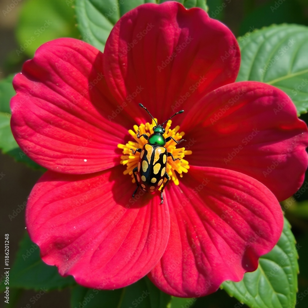 Colorful beetle crawling on a bright red flower, botany, nature, insect Colorful beetle crawling on a bright red flower, botany, nature, insect
