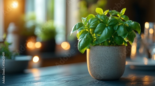 Fresh basil plants in rustic kitchen setting with natural sunlight illuminati...