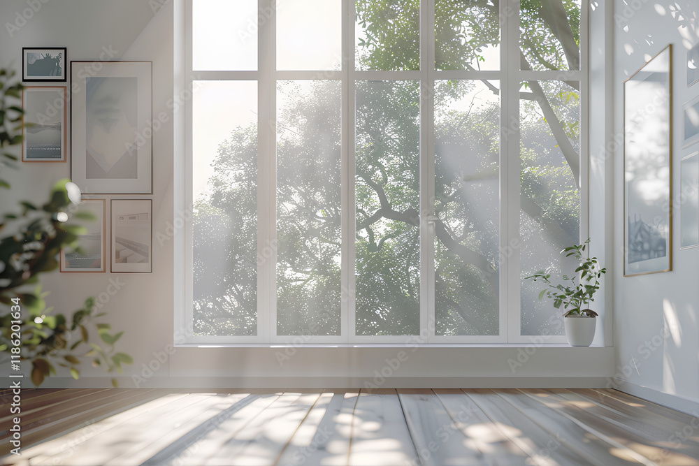 Fototapeta premium white window on the wall in the interior design of a modern home with a wooden floor and photo frames. room is bright and airy, with panoramic glass windows overlooking a tree outside on a sunny day 