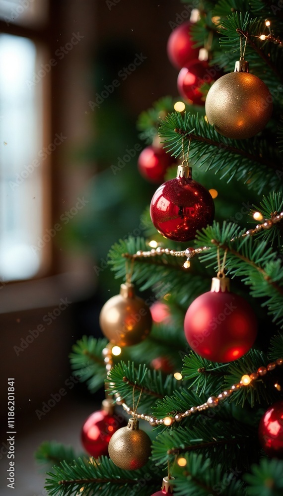 Fototapeta premium colorful ornaments and garland on a wooden Christmas tree, holiday cheer, ribbons, bows