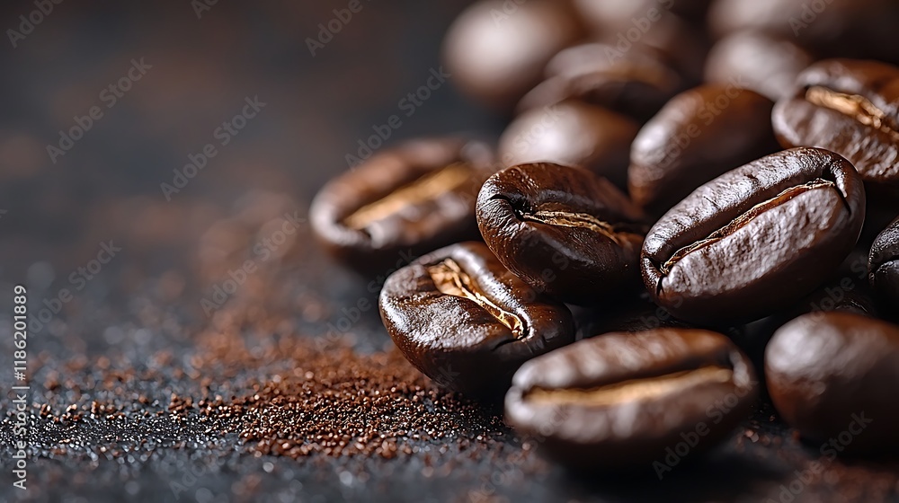 Coffee Bean Close Up: A close-up shot of roasted coffee beans scattered on a rustic surface, capturing the rich, dark brown hues and intricate details of these beloved caffeine sources. Coffee Bean Close Up: A close-up shot of roasted coffee beans scattered on a rustic surface, capturing the rich, dark brown hues and intricate details of these beloved caffeine sources.