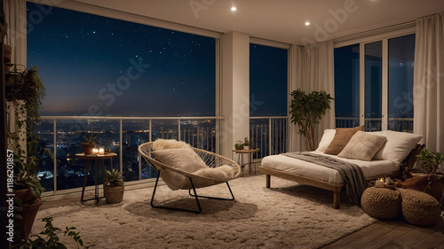 Fototapeta Naklejka Na Ścianę i Meble -  Bohemian balcony with a comfortable couch natural elements green plants and an awe inspiring city skyline full of stars Bohemian Style Interior Design Stock Photo Inspiration