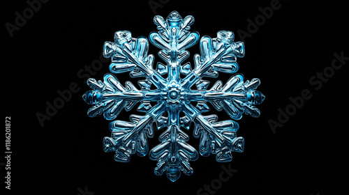 A photorealistic close-up of a symmetrical blue snowflake on a black background, showcasing intricate and detailed crystal formations photo