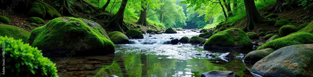 River flows through dense forest with mossy rocks, river, tree-lined, watercourse River flows through dense forest with mossy rocks, river, tree-lined, watercourse