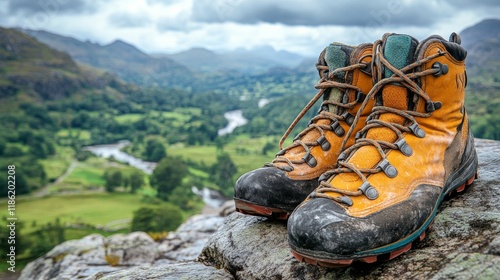Outdoor hiking boots on rocky terrain overlooking a winding river in a scenic...